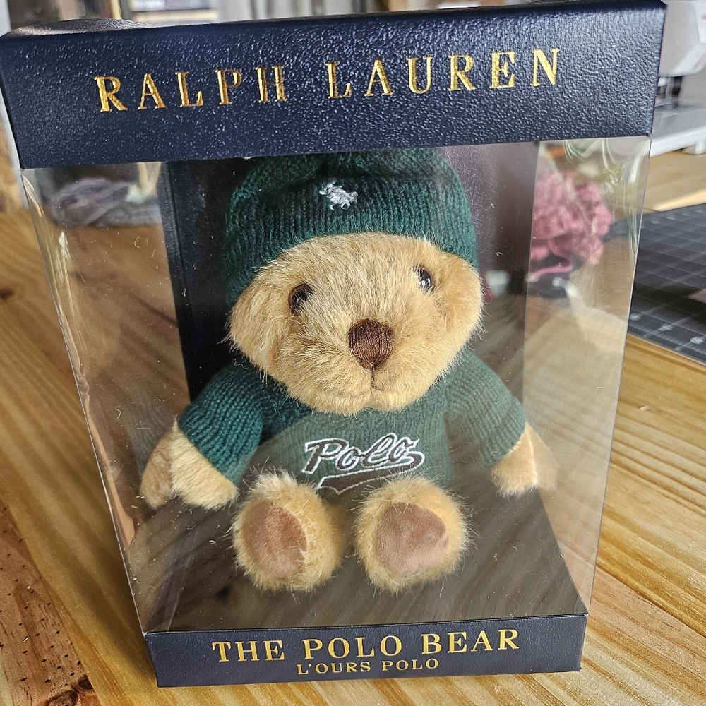 RALPH LAUREN POLO TEDDY BEAR green sweater beany TAN BROWN plush NEW IN GIFT BOX